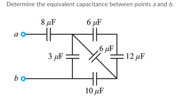 Determine the equivalent capacitance between points a and b.
8 µF
6 µF
a
6 µF
: 12 μF
3 µF
bo
10 μF

