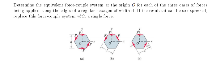 Determine the equivalent force-couple system at the origin O for each of the three cases of forces
being applied along the edges of a regular hexagon of width d. If the result ant can be so expressed,
replace this force-couple system with a single force:
F
F
(a)
(b)
(e)
