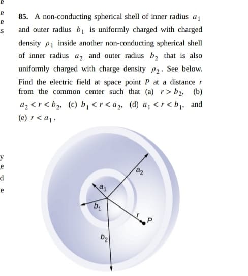 85. A non-conducting spherical shell of inner radius a
and outer radius bị is uniformly charged with charged
density P1 inside another non-conducting spherical shell
of inner radius a, and outer radius b, that is also
uniformly charged with charge density P2. See below.
Find the electric field at space point P at a distance r
from the common center such that (a) r> b2, (b)
az <r < b2, (c) b,<r<a2, (d) a, <r < bj, and
(e) r< a1.
a2
b2
