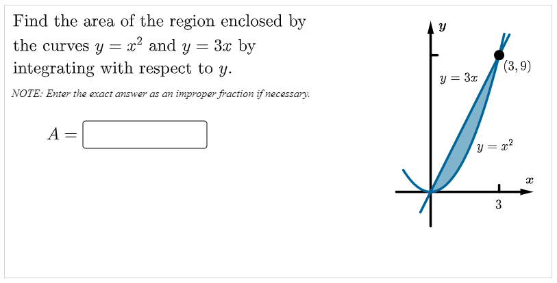 Find the area of the region enclosed by
x² and y = 3x by
integrating with respect to y.
the curves y :
(3,9)
y = 3x
NOTE: Enter the exact answer as an improper fraction if necessary.
A
y = x?
3
