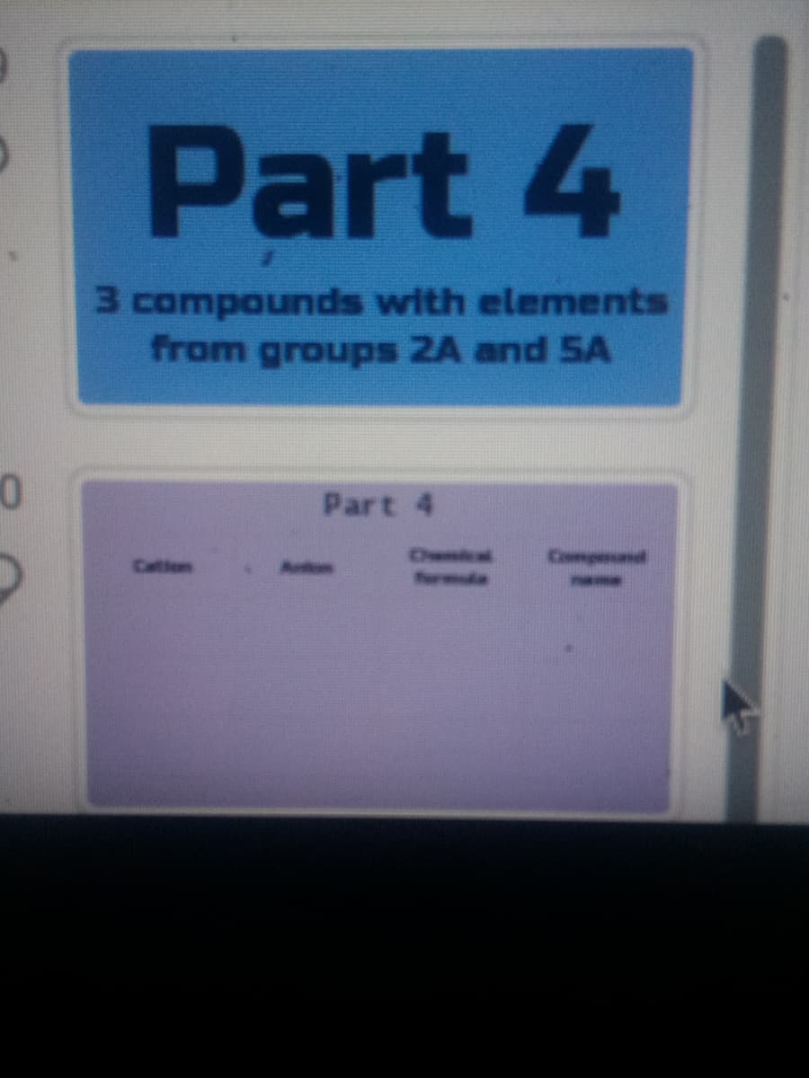 Part 4
3 compounds with elements
from groups 2A and SA
Part 4
Chea
Catios
