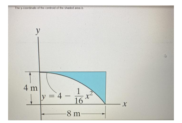 The y-coordinate of the centroid of the shaded area is
y
4 m
1
y =4 -
16
%3D
-
-8 m
