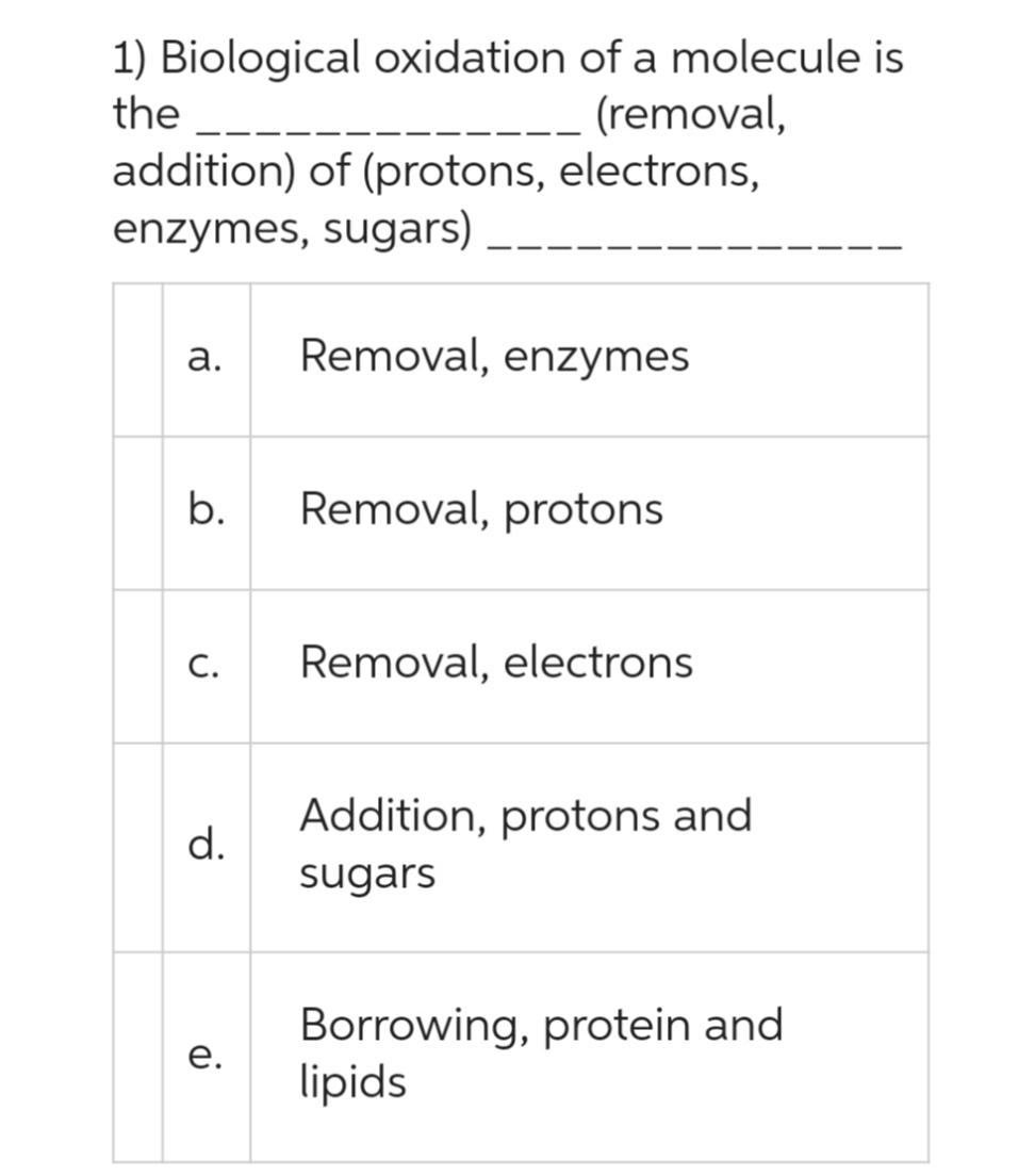 1) Biological oxidation of a molecule is
the
(removal,
addition) of (protons, electrons,
enzymes, sugars)
a.
b.
C.
d.
e.
Removal, enzymes
Removal, protons
Removal, electrons
Addition, protons and
sugars
Borrowing, protein and
lipids