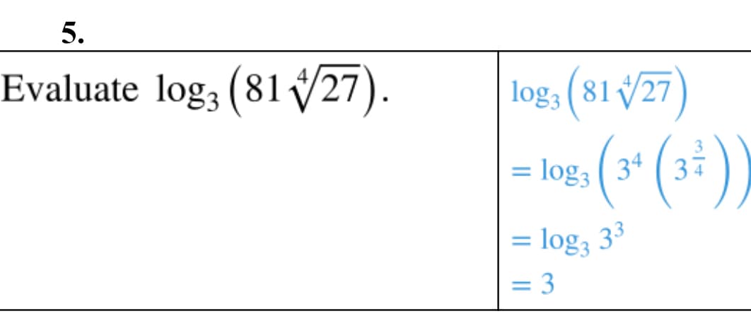 5.
Evaluate log, (81 27).
log; ( 81 ý27)
:)
= log; ( 34 ( 37
= log3 33
= 3
%3D
