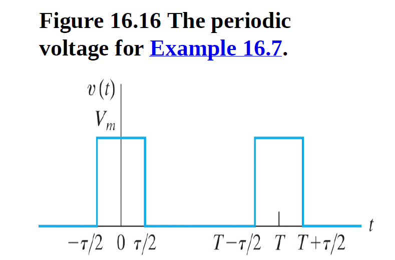 Figure 16.16 The periodic
voltage for Example 16.7.
v (t)
Vm
т
-т/2 0 т/2
T-7/2 T T+r/2
