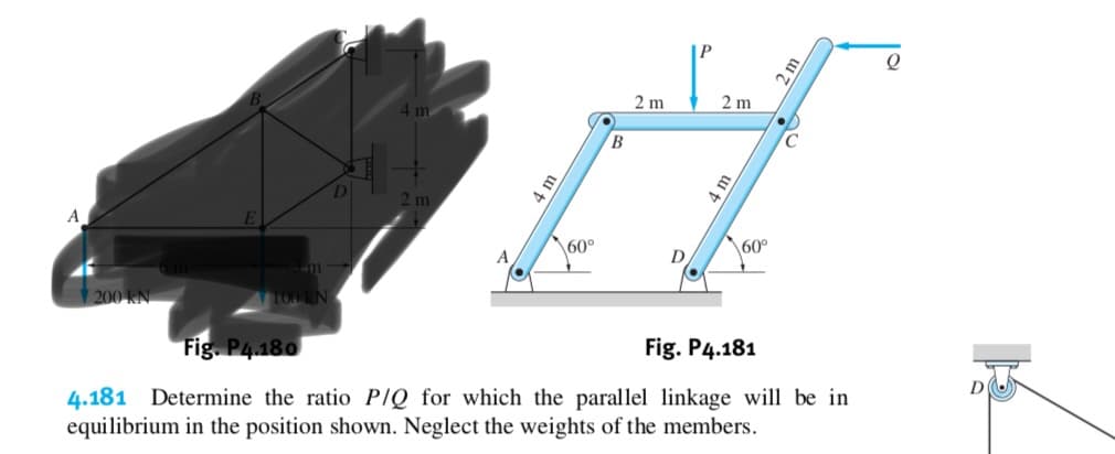 4 m
2 m
2 m
B
A
m
A m
60°
m
200 KN
60°
"Fig P4.180
Fig. P4.181
4.181 Determine the ratio PIQ for which the parallel linkage will be in
equilibrium in the position shown. Neglect the weights of the members
