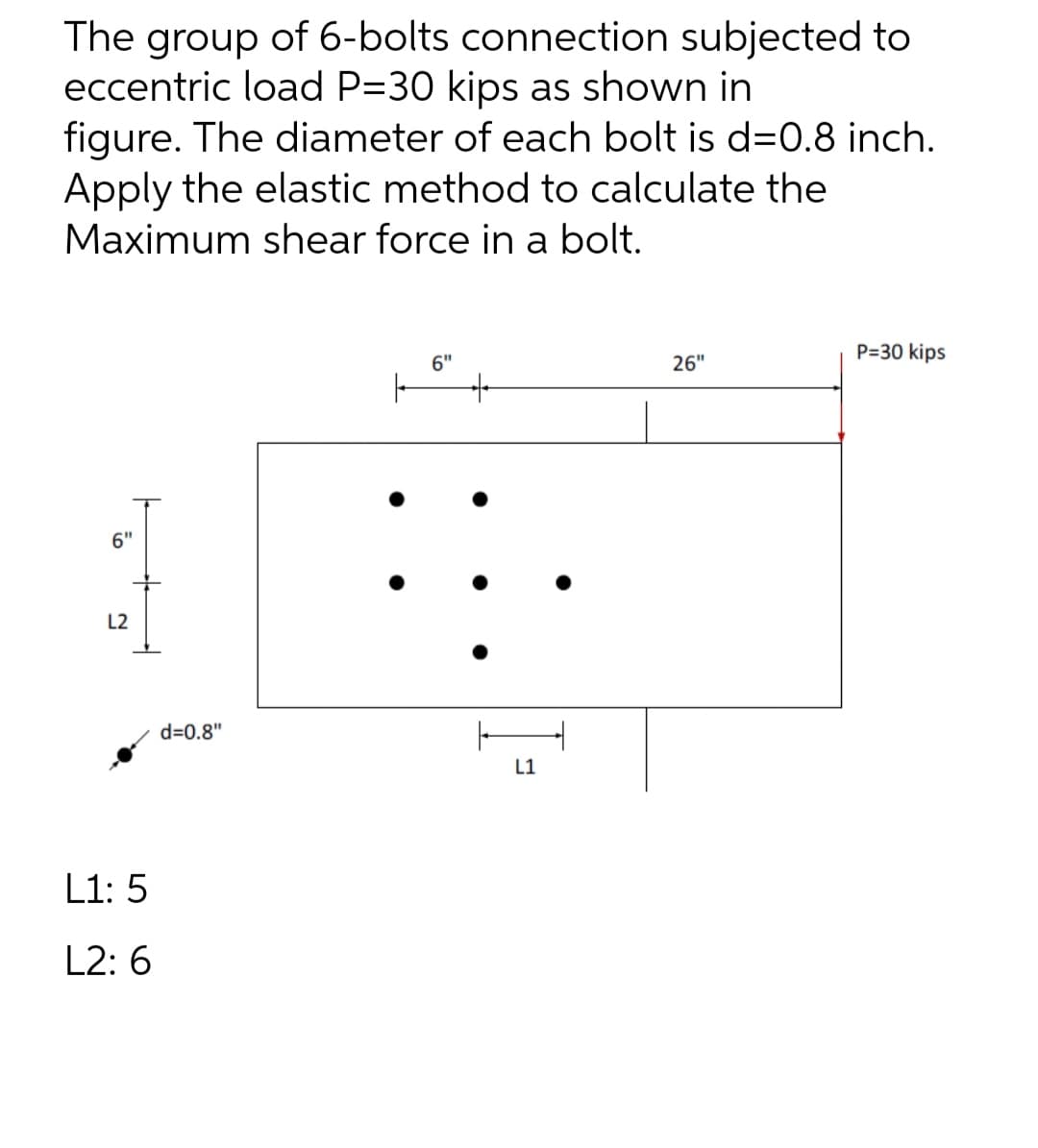 The group of 6-bolts connection subjected to
eccentric load P=30 kips as shown in
figure. The diameter of each bolt is d=0.8 inch.
Apply the elastic method to calculate the
Maximum shear force in a bolt.
6"
P=30 kips
26"
|
+
6"
L2
L1: 5
L2: 6
d=0.8"
L1