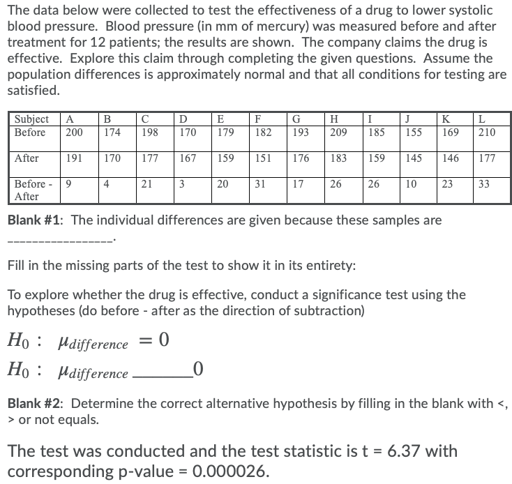 The data below were collected to test the effectiveness of a drug to lower systolic
blood pressure. Blood pressure (in mm of mercury) was measured before and after
treatment for 12 patients; the results are shown. The company claims the drug is
effective. Explore this claim through completing the given questions. Assume the
population differences is approximately normal and that all conditions for testing are
satisfied.
Subject A
|E
F
H
J
G
K
L
Before
200
174
198
170
179
182
193
209
185
155
169
210
After
191
170
177
167
159
151
176
183
159
145
146
177
Before - 9
After
4
21
3
20
31
17
26
26
10
23
33
Blank #1: The individual differences are given because these samples are
Fill in the missing parts of the test to show it in its entirety:
To explore whether the drug is effective, conduct a significance test using the
hypotheses (do before - after as the direction of subtraction)
Ho : Hdifference = 0
Ho : Hdifference
Blank #2: Determine the correct alternative hypothesis by filling in the blank with <,
> or not equals.
The test was conducted and the test statistic is t = 6.37 with
corresponding p-value = 0.000026.
