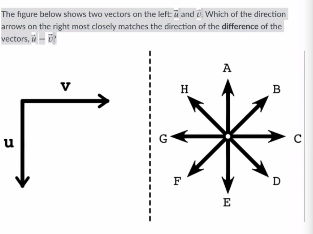 The figure below shows two vectors on the left: ủ and v. Which of the direction
arrows on the right most closely matches the direction of the difference of the
vectors, ū –
A
V
H
G
C
u
F
D
E

