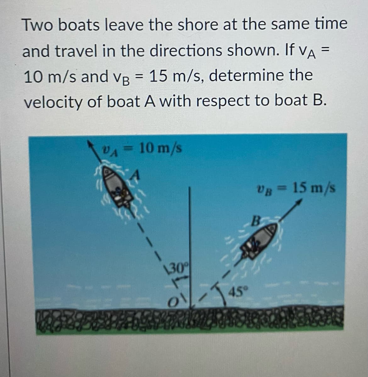 Two boats leave the shore at the same time
and travel in the directions shown. If vA =
10 m/s and vB = 15 m/s, determine the
velocity of boat A with respect to boat B.
VA= 10 m/s
%3D
%3D
VB
vg
= 15 m/s
B.
130
45°
