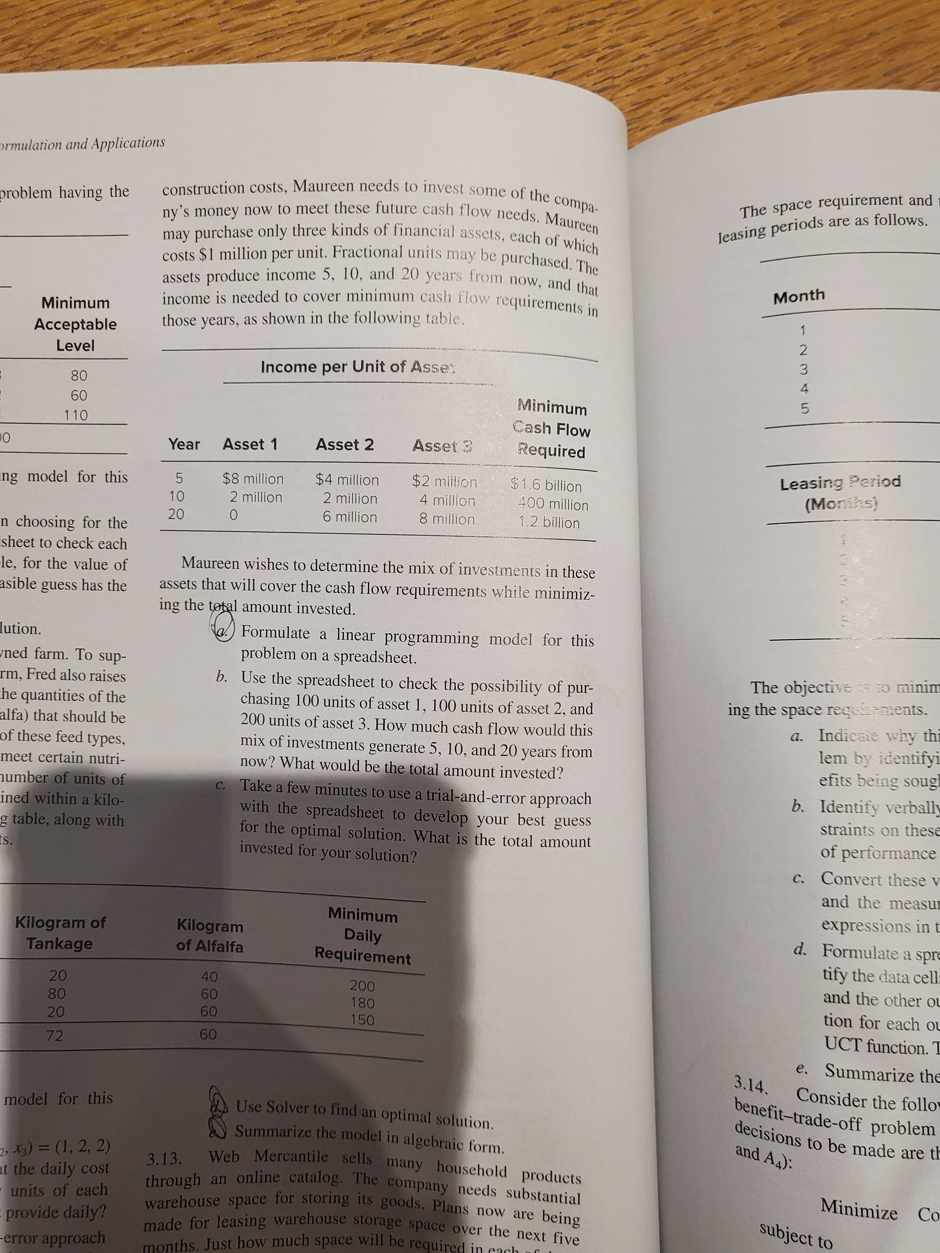 234 5
ormulation and Applications
problem having the
The space requirement and 1
leasing periods are as follows
assets produce income 5, 10, and 20 years from now, and thot
income is needed to cover minimum cash flow requirements in
Month
Minimum
those years, as shown in the following table.
1.
Acceptable
Level
Income per Unit of Asset
4.
08
Minimum
09
110
Cash Flow
Year
Asset 1
Asset 2
Asset 3
Required
$2 million
4 million
Leasing Period
(Months)
$8 million
5.
$4 million
$1.6 billion
ing model for this
2 million
2 million
400 million
6 million
8 million
1.2 billion
n choosing for the
sheet to check each
Maureen wishes to determine the mix of investments in these
le, for the value of
assets that will cover the cash flow requirements while minimiz-
ing the total amount invested.
asible guess has the
a) Formulate a linear programming model for this
problem on a spreadsheet.
b. Use the spreadsheet to check the possibility of pur-
chasing 100 units of asset 1, 100 units of asset 2, and
200 units of asset 3. How much cash flow would this
mix of investments generate 5, 10, and 20
now? What would be the total amount invested?
lution.
ned farm. To sup-
The objectives o minim
rm, Fred also raises
ing the space reqrements.
a. Indicate why thi
lem by identifyi
efits being sough
b. Identify verbally
-Ind
he quantities of the
alfa) that should be
of these feed types,
years from
meet certain nutri-
number of units of
Take a few minutes to use a trial-and-error approach
with the spreadsheet to develop your best guess
for the optimal solution. What is the total amount
invested for your solution?
ined within a kilo-
straints on these
g table, along with
of performance
c. Convert these v
is.
and the measur
expressions in t
d. Formulate a spre
Minimum
Kilogram
Kilogram of
Tankage
Daily
Requirement
of Alfalfa
tify the data cell:
and the other o
09
180
tion for each o
08
150
20
72
09
UCT function. T
09
e. Summarize the
3.14.
Consider the follow
benefit-trade-off problem
model for this
Use Solver to find an optimal solution.
Summarize the model in algebraic form.
and A4):
, X) = (1, 2, 2)
at the daily cost
units of each
3.13.
2.13 Web Mercantile sells many household products
uch an online catalog. The company needs substantial
Minimize Co
warehouse space for storing its goods. Plans now are beine
made for leasing warenouse storage space over the next five
subject to
provide daily?
-error approach
months. Just how much space will be required in each
