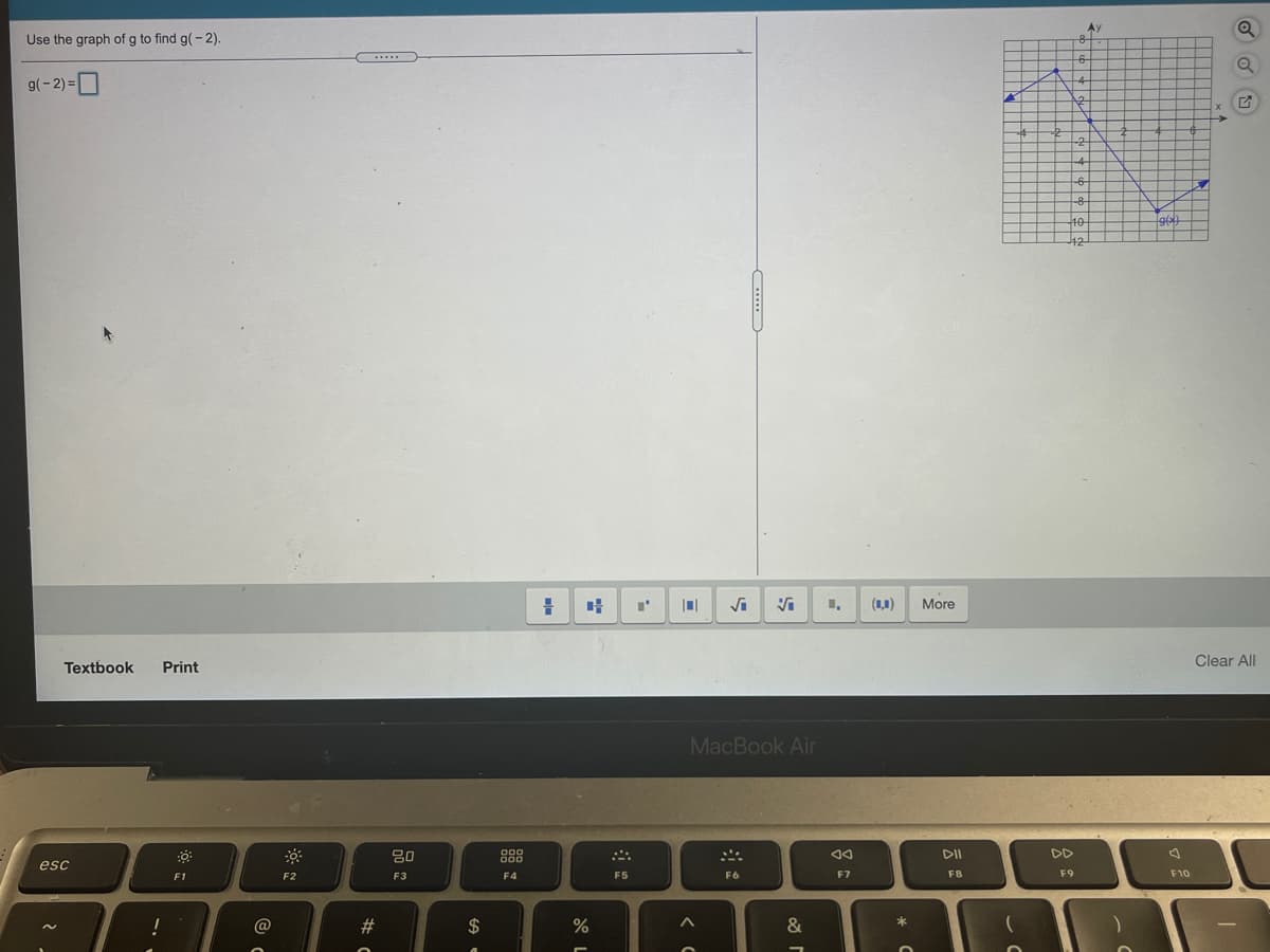 Ay
Use the graph of g to find g(- 2).
9(-2) =D
(1,1)
More
Clear All
Textbook
Print
MacBook Air
DD
esc
F2
F5
F6
F7
F8
F9
F10
F3
F4
!
23
2$
....)
