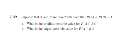 2.89 Suppose that A and B are two events such that P(A) + P(B) < 1.
a What is the smallest possible value for P(AN BY?
b What is the largest possible value for P(AN B)?
