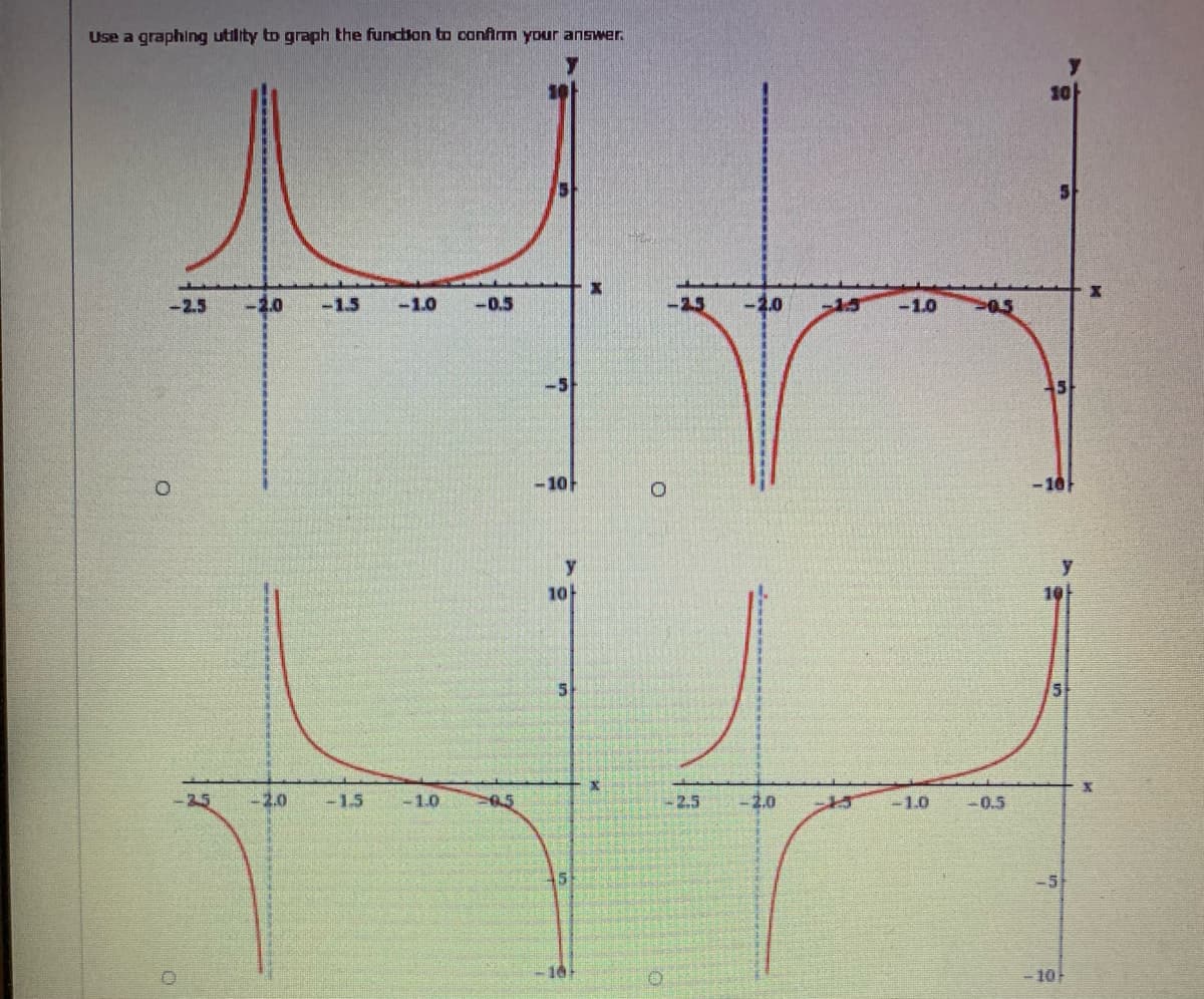 Use a graphing utility to graph the funcian to confirm your answer.
10
-2.5
-2.0
-1.5
-1.0
-0.5
25
-2.0
-15
-1.0
-5
-10
-10
10-
5.
-25
2.0
-1.5
-1.0
2.5
-2.0
-1.0
-0.5
10
-10
