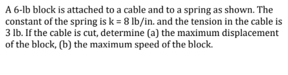 A 6-lb block is attached to a cable and to a spring as shown. The
constant of the spring is k = 8 lb/in. and the tension in the cable is
3 lb. If the cable is cut, determine (a) the maximum displacement
of the block, (b) the maximum speed of the block.
