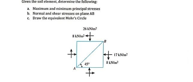 Given the soil element, determine the following:
a. Maximum and minimum principal stresses
b. Normal and shear stresses on plane AB
c. Draw the equivalent Mohr's Circle
26 kN/m?
S KN/m?
B
17 kN/m?
8 KN/m?
45°
