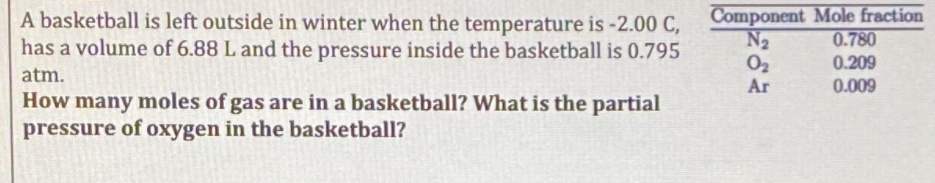 A basketball is left outside in winter when the temperature is -2.00 C,
has a volume of 6.88 L and the pressure inside the basketball is 0.795
Component Mole fraction
N2
O2
0.780
0.209
atm.
Ar
0.009
How many moles of gas are in a basketball? What is the partial
pressure of oxygen in the basketball?
