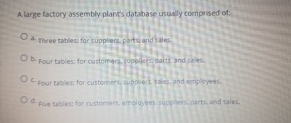 A large factory assembly plant's database usually comprised of:
a.
Three tables: for suppliers, parts, and sales..
O b.
Four tables: for customers, suppliers, parts, and sales.
C.
Four tables: for customers, suppliers, sales, and employees,
O d.
Five tables: for customers, employees, suppliers. parts, and sales.
