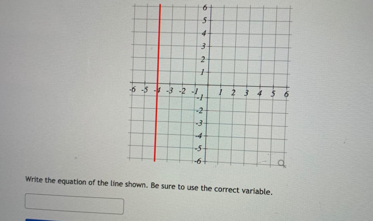 4.
3.
-6 -5 -4 -3 -2 -1
3
4
-2
-3
-4-
-5-
-6-
Write the equation of the line shown. Be sure to use the correct variable.
2.
