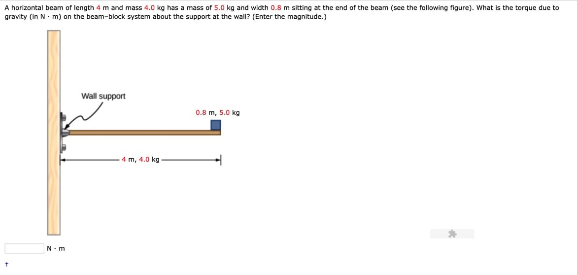 A horizontal beam of length 4 m and mass 4.0 kg has a mass of 5.0 kg and width 0.8 m sitting at the end of the beam (see the following figure). What is the torque due to
gravity (in N m) on the beam-block system about the support at the wall? (Enter the magnitude.)
Wall support
0.8 m, 5.0 kg
4 m, 4.0 kg
N m
t
