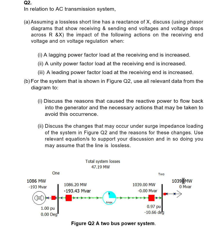 Q2.
In relation to AC transmission system,
(a) Assuming a lossless short line has a reactance of X, discuss (using phasor
diagrams that show receiving & sending end voltages and voltage drops
across R &X) the impact of the following actions on the receiving end
voltage and on voltage regulation when:
(i) A lagging power factor load at the receiving end is increased.
(ii) A unity power factor load at the receiving end is increased.
(iii) A leading power factor load at the receiving end is increased.
(b) For the system that is shown in Figure Q2, use all relevant data from the
diagram to:
(i) Discuss the reasons that caused the reactive power to flow back
into the generator and the necessary actions that may be taken to
avoid this occurrence.
(ii) Discuss the changes that may occur under surge impedance loading
of the system in Figure Q2 and the reasons for these changes. Use
relevant equation/s to support your discussion and in so doing you
may assume that the line is lossless.
Total system losses
47.19 MW
One
Two
1039MW
O Mvar
1086 MW
1086.20 MW
1039.00 MW
-193 Mvar
-193.43 Mvar
-0.00 Mvar
Amps
0.97 pu
-10.66 deg
1.00 pu
0.00 Deg
Figure Q2 A two bus power system.
