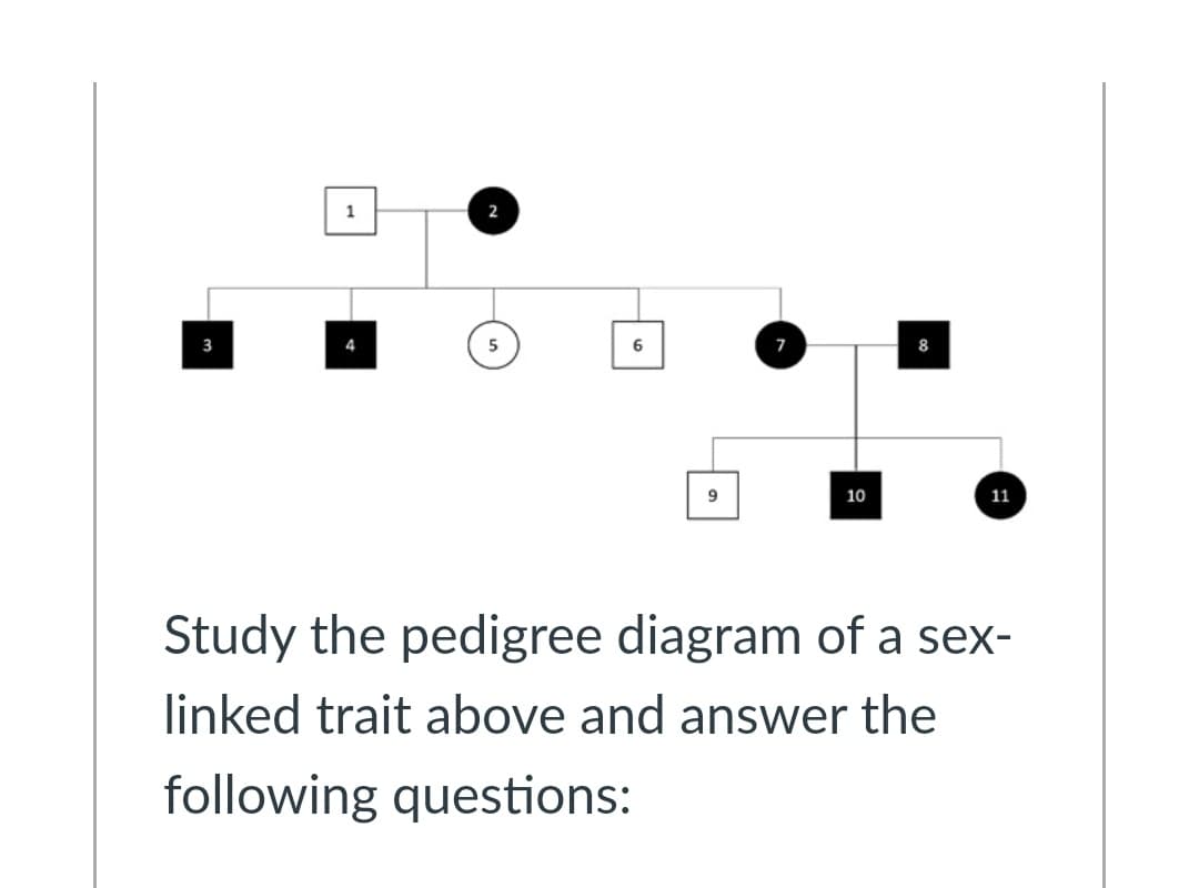 1
2
3
5
6
7
9
10
11
Study the pedigree diagram of a sex-
linked trait above and answer the
following questions:
