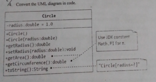 4. Convert the UML diagram in code.
Circle
-radius.double = 1.0
+Circle()
+Circle(radius:double)
*getRadius ():double
+setRadius (radius:double):void
getArea():double
*getCircumference():double
+tostring():String
Use JDK constant
Math.PI for n.
......
"Circle[radius=?]"
