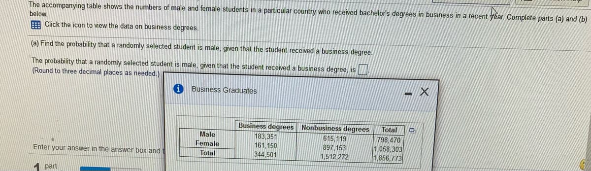 The accompanying table shows the numbers of male and female students in a particular country who received bachelor's degrees in business in a recent year. Complete parts (a) and (b)
below.
E Click the icon to view the data on business degrees.
(a) Find the probability that a randomly selected student is male, given that the student received a business degree.
The probability that a randomly selected student is male, given that the student received a business degree, is
(Round to three decimal places as needed.
Business Graduates
Business degrees Nonbusiness degrees
Total
Male
183,351
161.150
344,501
615,119
897,153
1,512.272
798.470
Female
1.058,303
1,856,773
Enter your answer in the answer box and t
Total
1 part
