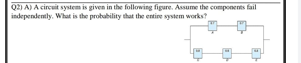 Q2) A) A circuit system is given in the following figure. Assume the components fail
independently. What is the probability that the entire system works?
0.7
0.7
0.8
0.8
0.8
