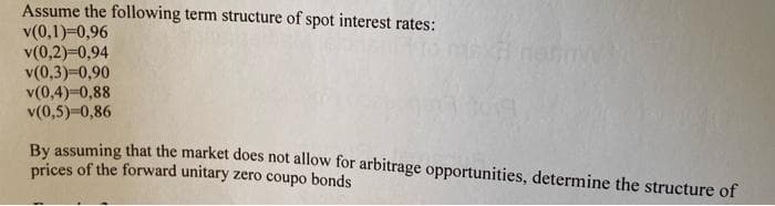 Assume the following term structure of spot interest rates:
v(0,1)=0,96
v(0,2)=0,94
v(0,3)-0,90
v(0,4) 0,88
v(0,5) 0,86
By assuming that the market does not allow for arbitrage opportunities, determine the structure of
prices of the forward unitary zero coupo bonds