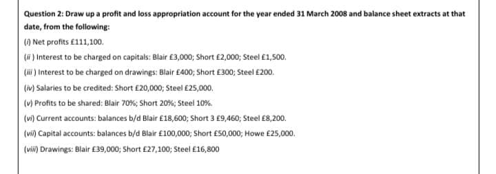 Question 2: Draw up a profit and loss appropriation account for the year ended 31 March 2008 and balance sheet extracts at that
date, from the following:
() Net profits £111,100.
(H ) Interest to be charged on capitals: Blair £3,000; Short £2,000; Steel £1,500.
(Hi) Interest to be charged on drawings: Blair £400; Short £300; Steel £200.
(M) Salaries to be credited: Short £20,000; Steel £25,000.
(V) Profits to be shared: Blair 70%; Short 20%; Steel 10%.
(wi) Current accounts: balances b/d Blair £18,600; Short 3 £9,460; Steel £8,200.
(vi) Capital accounts: balances b/d Blair £100,000; Short £50,000; Howe £25,000.
(vii) Drawings: Blair £39,000; Short £27,100; Steel £16,800
