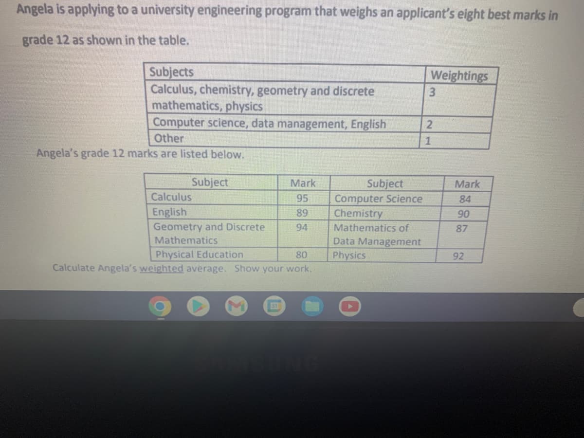 Angela is applying to a university engineering program that weighs an applicant's eight best marks in
grade 12 as shown in the table.
Subjects
Calculus, chemistry, geometry and discrete
mathematics, physics
Computer science, data management, English
Weightings
3
Other
1
Angela's grade 12 marks are listed below.
Subject
Mark
Subject
Computer Science
Chemistry
Mark
Calculus
95
84
English
Geometry and Discrete
89
90
94
Mathematics of
87
Mathematics
Data Management
Physics
Physical Education
Calculate Angela's weighted average. Show your work.
80
92
31
