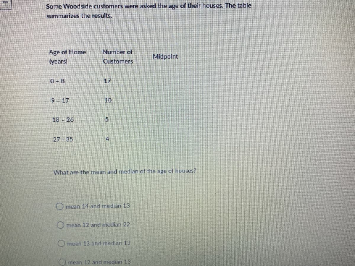 Some Woodside customers were asked the age of their houses. The table
summarizes the results.
Age of Home
Number of
Midpoint
(years)
Customers
0-8
17
9-17
10
18 26
27 35
4.
What are the mean and median of the age of houses?
O mean 14 and median 13
O mean 12 and median 22
O mean 13 and median 13
O mean 12 and median 13
