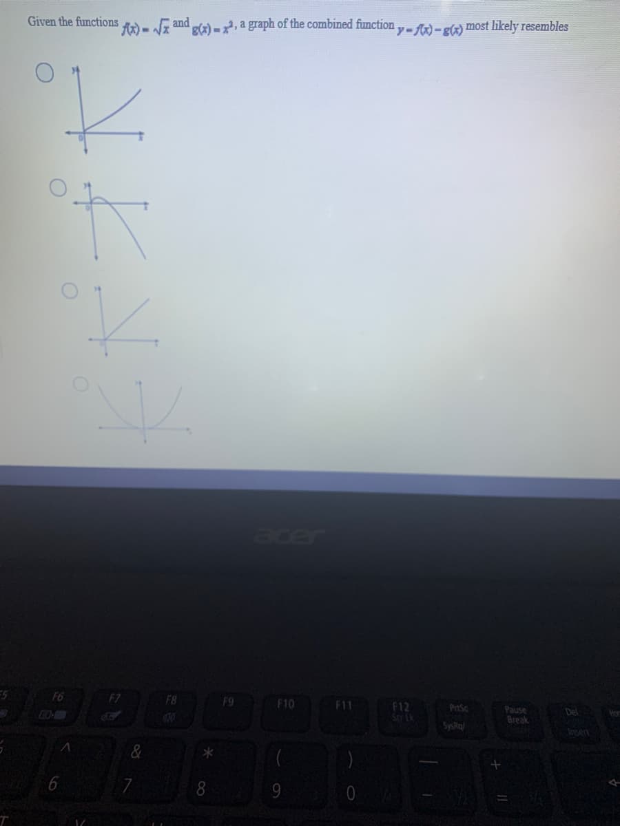 Given the functions
A)- and ) a graph of the combined function,- fA)- elz) most likely resembles
y.
acer
F6
F7
F8
F9
F10
F11
F12
Scr Lk
PrtSc
Pause
Break
Del
SysRa
Insert
&
8.
