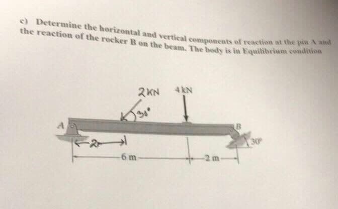 c) Determine the horizontal and vertical components of reaction at the pin
the reaction of the rocker B on the beam The bedy is in Equilibrium conattta
wnd
2KN
4 kN
A
30
-6 m
-2m-
