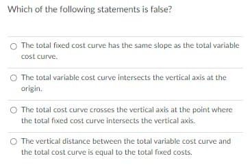 Which of the following statements is false?
O The total fixed cost curve has the same slope as the total variable
cost curve.
The total variable cost curve intersects the vertical axis at the
origin.
The total cost curve crosses the vertical axis at the point where
the total fixed cost curve intersects the vertical axis.
O The vertical distance between the total variable cost curve and
the total cost curve is equal to the total fixed costs.

