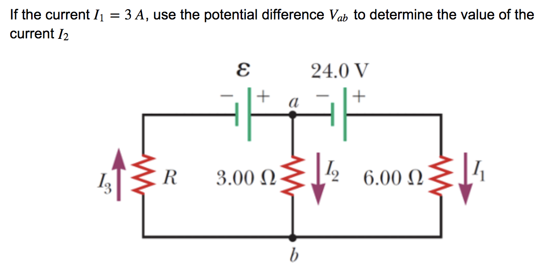 If the current I1 = 3 A, use the potential difference Vab to determine the value of the
current I2
24.0 V
+
R
3.00 N
6.00 N
