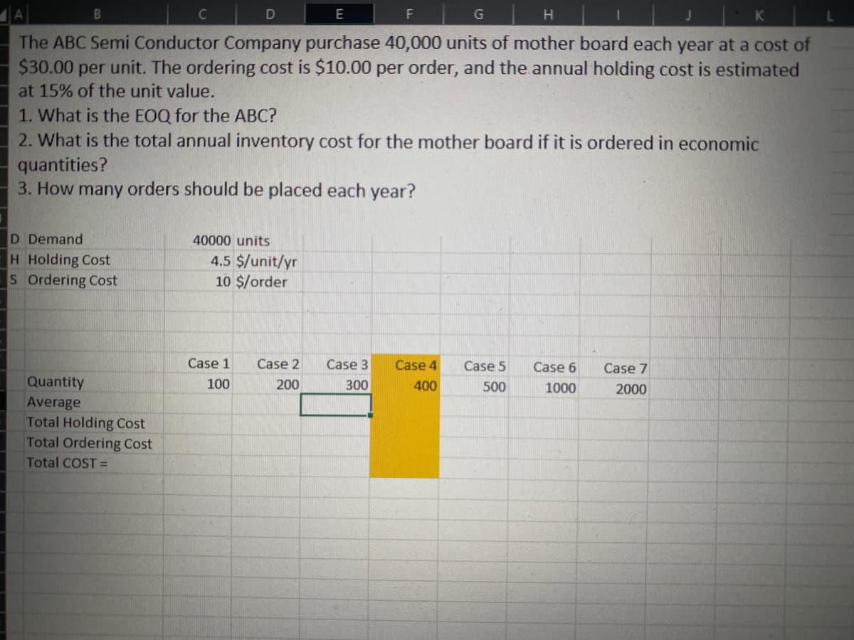 C
E
H
The ABC Semi Conductor Company purchase 40,000 units of mother board each year at a cost of
$30.00 per unit. The ordering cost is $10.00 per order, and the annual holding cost is estimated
at 15% of the unit value.
1. What is the EOQ for the ABC?
2. What is the total annual inventory cost for the mother board if it is ordered in economic
quantities?
3. How many orders should be placed each year?
D Demand
40000 units
H Holding Cost
S Ordering Cost
4.5 $/unit/yr
10 $/order
Case 1
Case 2
Case 3
Case 4
Case 5
Case 6
Case 7
Quantity
Average
Total Holding Cost
Total Ordering Cost
Total COST =
100
200
300
400
500
1000
2000
