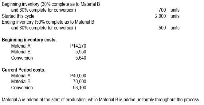 Beginning inventory (30% complete as to Material B
and 60% complete for conversion)
Started this cycle
Ending inventory (50% complete as to Material B
and 80% complete for conversion)
700 units
2,000 units
500 units
Beginning inventory costs:
Material A
P14,270
5,950
5,640
Material B
Conversion
Current Period costs:
Material A
P40,000
70,000
98,100
Material B
Conversion
Material A is added at the start of production, while Material B is added uniformly throughout the process.
