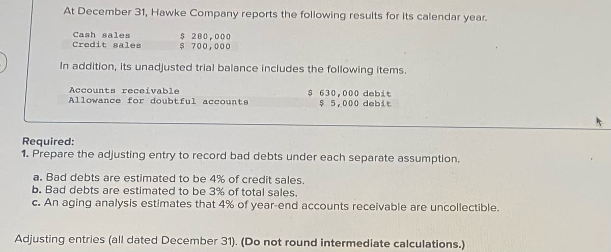 At December 31, Hawke Company reports the following results for its calendar year.
Cash sales
$ 280,000
$ 700,000
Credit sales
In addition, its unadjusted trial balance includes the following items.
Accounts receivable
Allowance for doubtful accounts
$ 630,000 debit
$ 5,000 debit
Required:
1. Prepare the adjusting entry to record bad debts under each separate assumption.
a. Bad debts are estimated to be 4% of credit sales.
b. Bad debts are estimated to be 3% of total sales.
c. An aging analysis estimates that 4% of year-end accounts receivable are uncollectible.
Adjusting entries (all dated December 31). (Do not round intermediate calculations.)
