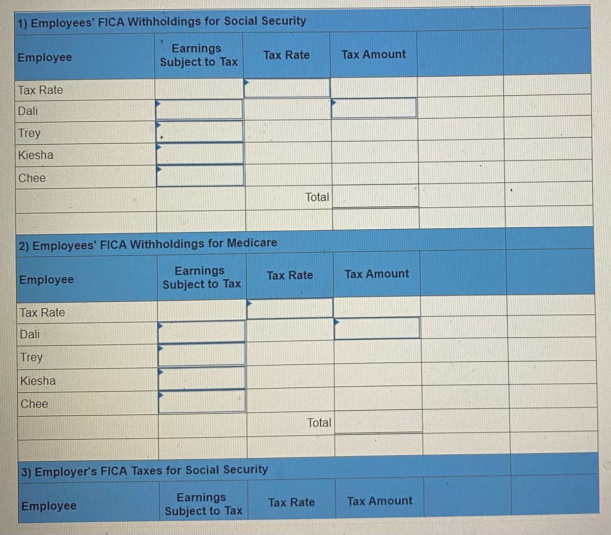 1) Employees' FICA Withholdings for Social Security
Earnings
Subject to Tax
Employee
Tax Rate
Tax Amount
Tax Rate
Dali
Trey
Kiesha
Chee
Total
2) Employees' FICA Withholdings for Medicare
Earnings
Subject to Tax
Tax Rate
Tax Amount
Employee
Tax Rate
Dali
Trey
Kiesha
Chee
Total
3) Employer's FICA Taxes for Social Security
Earnings
Subject to Tax
Tax Rate
Tax Amount
Employee
