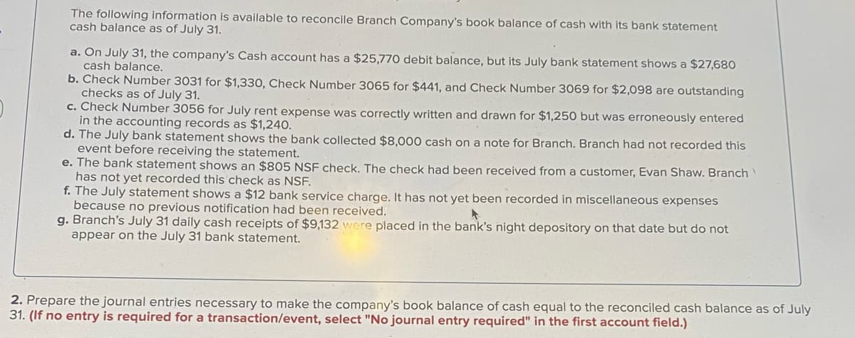 The following information is available to reconcile Branch Company's book balance of cash with its bank statement
cash balance as of July 31.
a. On July 31, the company's Cash account has a $25,770 debit balance, but its July bank statement shows a $27,680
cash balance.
b. Check Number 3031 for $1,330, Check Number 3065 for $441, and Check Number 3069 for $2,098 are outstanding
checks as of July 31.
c. Check Number 3056 for July rent expense was correctly written and drawn for $1,250 but was erroneously entered
in the accounting records as $1,240.
d. The July bank statement shows the bank collected $8,000 cash on a note for Branch. Branch had not recorded this
event before receiving the statement.
e. The bank statement shows an $805 NSF check. The check had been received from a customer, Evan Shaw. Branch
has not yet recorded this check as NSF.
f. The July statement shows a $12 bank service charge. It has not yet been recorded in miscellaneous expenses
because no previous notification had been received.
g. Branch's July 31 daily cash receipts of $9,132 were placed in the bank's night depository on that date but do not
appear on the July 31 bank statement.
2. Prepare the journal entries necessary to make the company's book balance of cash equal to the reconciled cash balance as of July
31. (If no entry is required for a transaction/event, select "No journal entry required" in the first account field.)
