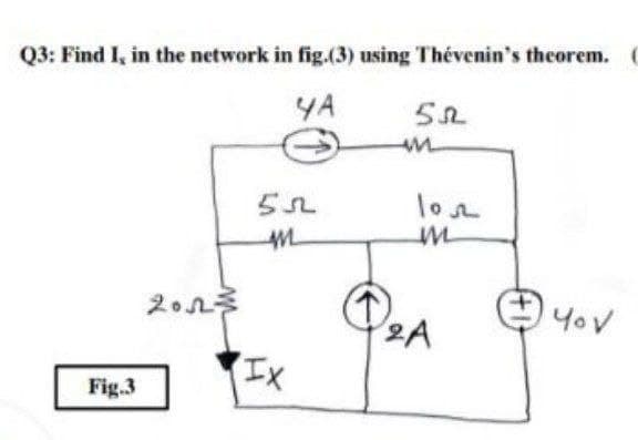 Q3: Find I, in the network in fig.(3) using Thévenin's theorem. (
YA
(I)
Fig.3
