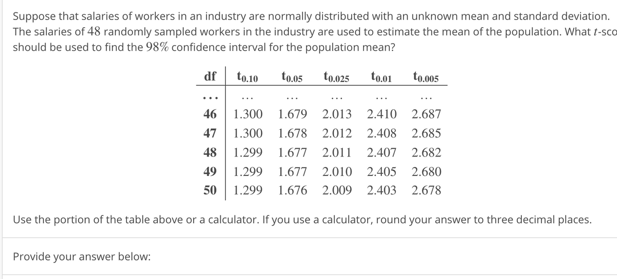 Suppose that salaries of workers in an industry are normally distributed with an unknown mean and standard deviation.
The salaries of 48 randomly sampled workers in the industry are used to estimate the mean of the population. What t-sco
should be used to find the 98% confidence interval for the population mean?
df
to.10
to.05
to.025
to.01
to.005
..
...
...
46
1.300
1.679 2.013 2.410
2.687
47
1.300
1.678
2.012 2.408
2.685
48
1.299
1.677
2.011
2.407 2.682
49
1.299
1.677 2.010 2.405 2.680
50
1.299
1.676 2.009 2.403
2.678
Use the portion of the table above or a calculator. If you use a calculator, round your answer to three decimal places.
Provide your answer below:
