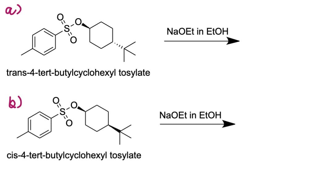 a)
trans-4-tert-butylcyclohexyl tosylate
b)
cis-4-tert-butylcyclohexyl tosylate
NaOEt in EtOH
NaOEt in EtOH