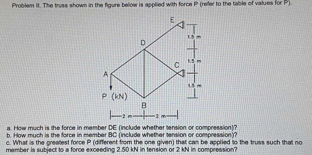 Problem II. The truss shown in the figure below is applied with force P (refer to the table of values for P).
1.5 m
1.5 m
1.5 m
P (KN)
a. How much is the force in member DE (include whether tension or compression)?
b. How much is the force in member BC (include whether tension or compression)?
c. What is the greatest force P (different from the one given) that can be applied to the truss such that no
member is subject to a force exceeding 2.50 kN in tension or 2 kN in compression?
