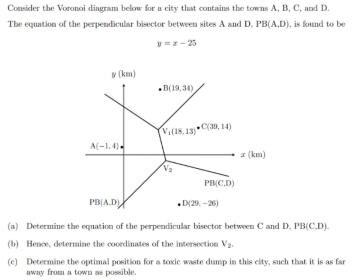 Consider the Voronoi diagram below for a city that contains the towns A, B, C, and D.
The equation of the perpendicular bisector between sites A and D, PB(A,D), is found to be
y = x – 25
y (km)
•B(19,34)
Vi(18, 13)* C(39, 14)
A(-1, 4).
a (km)
V2
PB(C,D)
PB(A,D)
•D(29, –26)
(a) Determine the equation of the perpendicular bisector between C and D, PB(C,D).
(b) Hence, determine the coordinates of the intersection V2.
(c) Determine the optimal position for a toxic waste dump in this city, such that it is as far
away from a town as possible.
