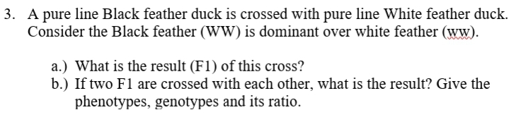3. A pure line Black feather duck is crossed with pure line White feather duck.
Consider the Black feather (WW) is dominant over white feather (ww).
a.) What is the result (F1) of this cross?
b.) If two F1 are crossed with each other, what is the result? Give the
phenotypes, genotypes and its ratio.
