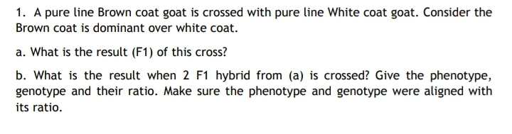 1. A pure line Brown coat goat is crossed with pure line White coat goat. Consider the
Brown coat is dominant over white coat.
a. What is the result (F1) of this cross?
b. What is the result when 2 F1 hybrid from (a) is crossed? Give the phenotype,
genotype and their ratio. Make sure the phenotype and genotype were aligned with
its ratio.
