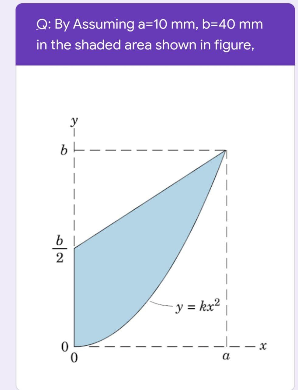 Q: By Assuming a=10 mm, b=40 mm
in the shaded area shown in figure,
y
b
y = kx²
a
